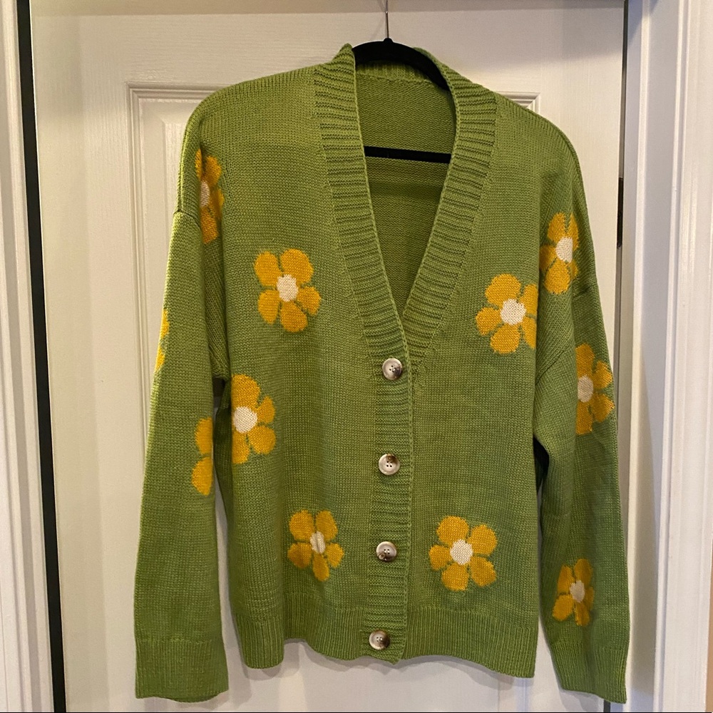 Green Cardigan with Yellow Flowers